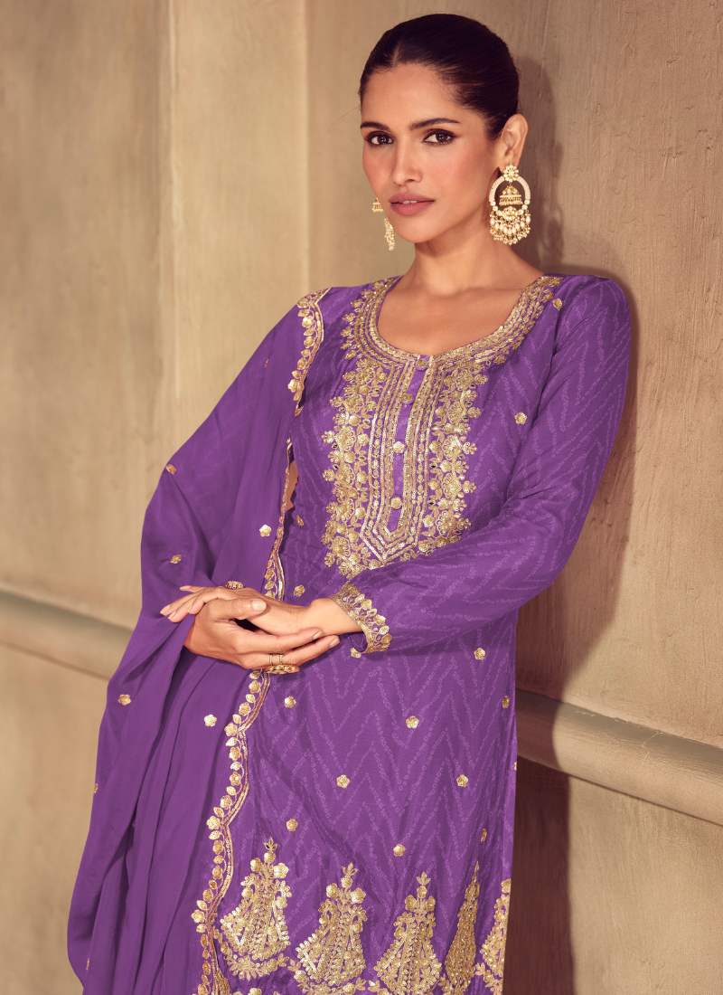Purple Chinon Sharara Suit with Dupatta for Indian Wedding and Pakistani Festival