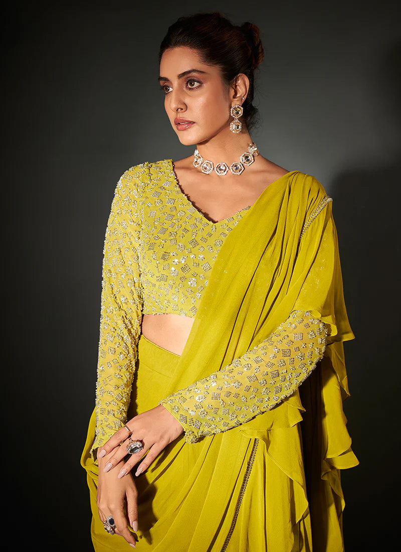 Find occasion-ready made party wear saree designer details.