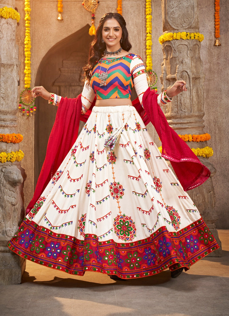 White chaniya choli collection with detailed embroidery, crafted for a stunning Navratri look