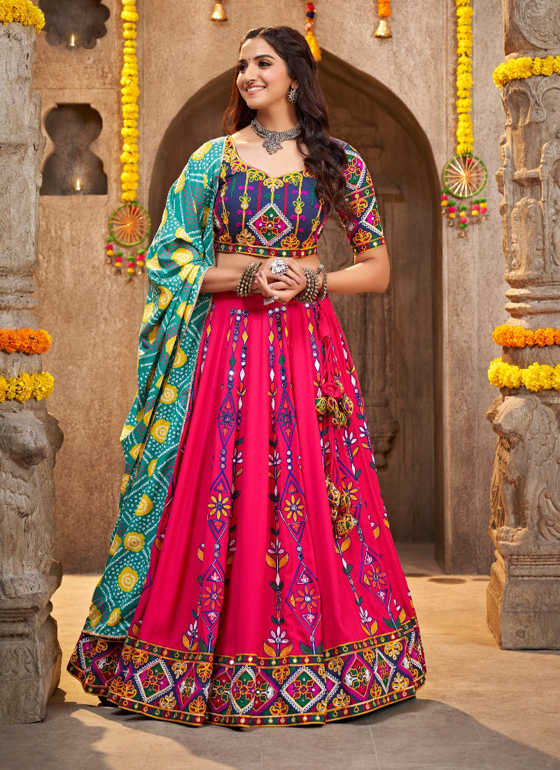 Pink Rajwadi chaniya choli with elaborate Kutchi embroidery