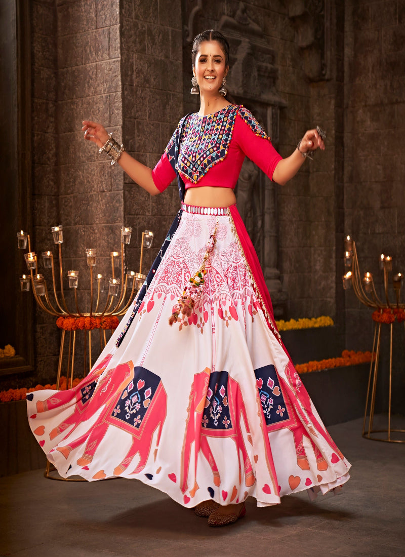 White Kutchi Chaniya Choli features intricate embroidery and mirror work