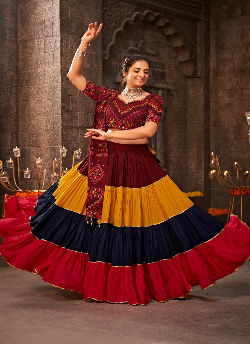 Multicolor Kutchi Chaniya Choli features intricate embroidery and mirror work