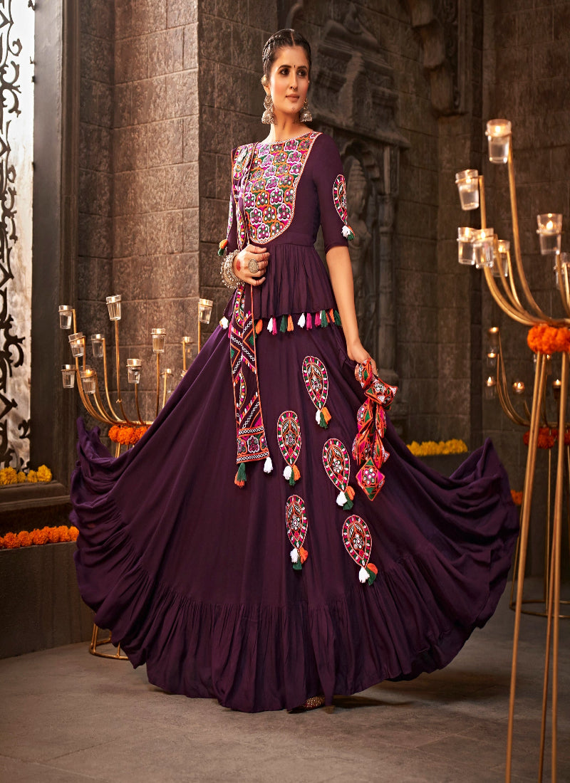 Purple Thread Embroidered Chaniya Choli adds a festive touch for Navratri