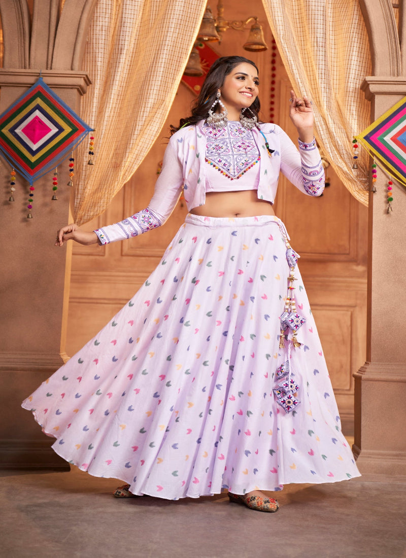 Lilac Kutchi Chaniya Choli features intricate embroidery and mirror work
