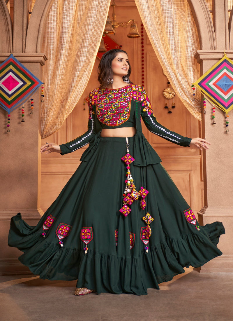 Green Embroidered Mirror Work Chaniya Choli is ideal for Navratri