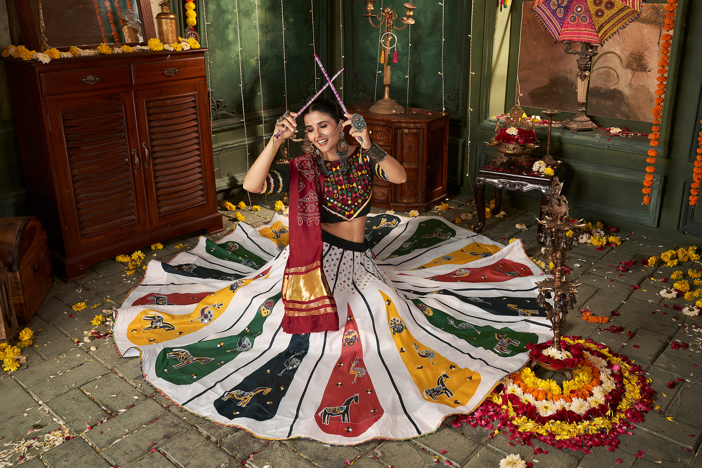 Bridal Chaniya Choli with intricate embroidery and mirror work