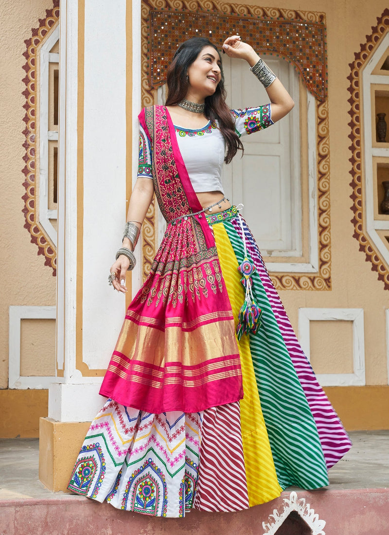 White Mirror Work Embroidered Chaniya Choli for Navratri