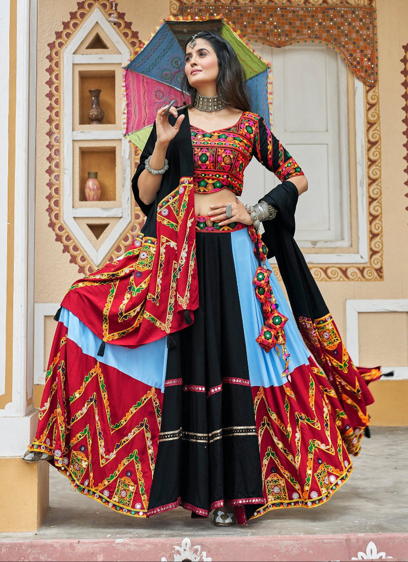 Sky Blue Mirror Work Embroidered Chaniya Choli for Navratri