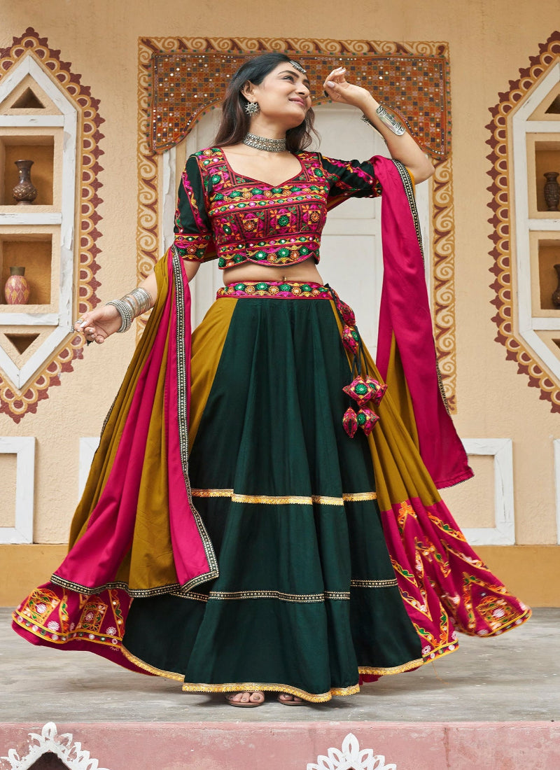 Mustard Mirror Work Embroidered Chaniya Choli for Navratri