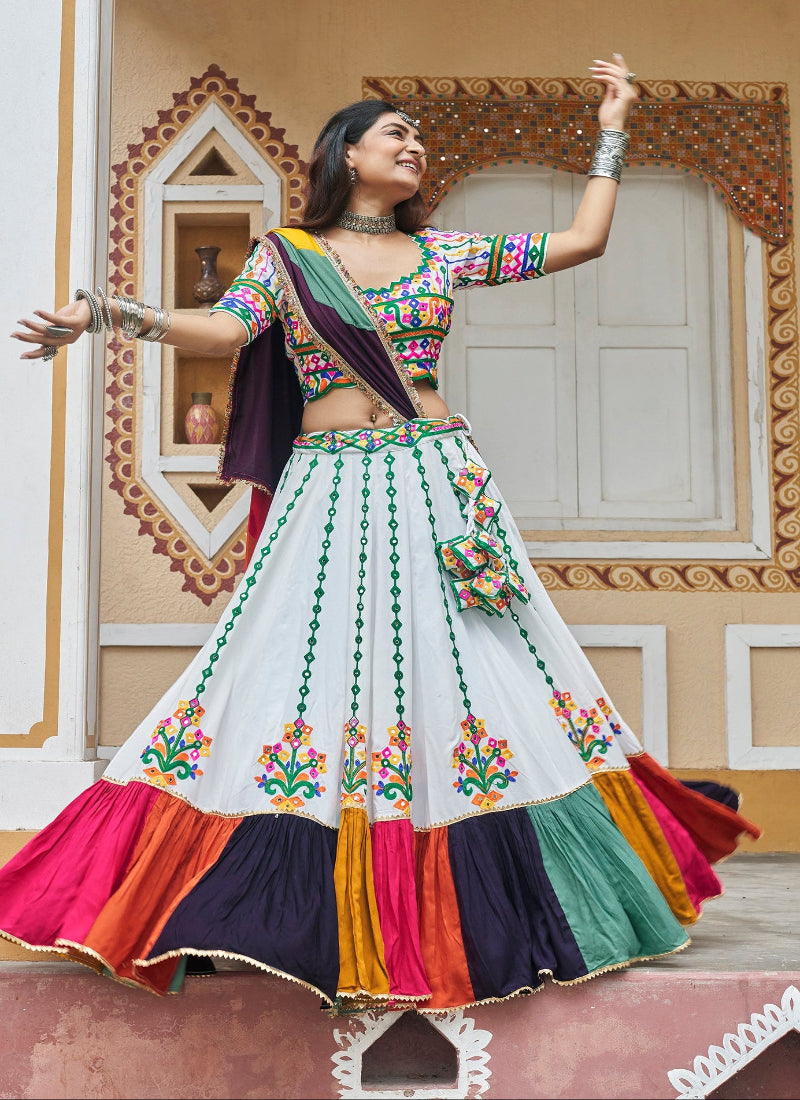 Multicolor white Mirror Work with Embroidered Chaniya Choli for Navratri