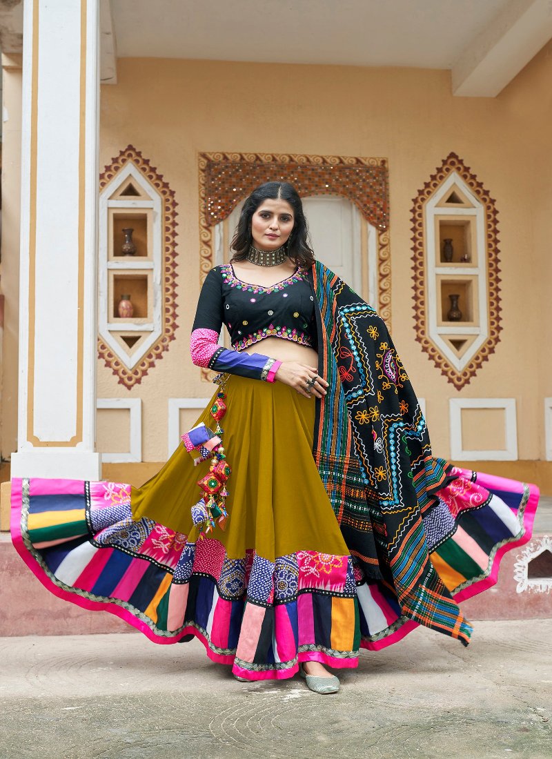 Green Mirror Work with Embroidered Chaniya Choli for NavratrI