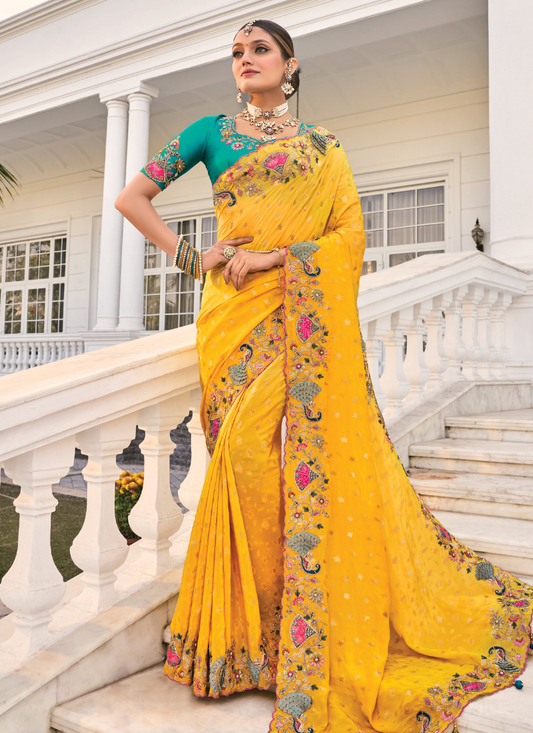 Yellow Pure Silk Embroidered Saree with Matching Blouse-Jari, Cut-Dana, Moti Work