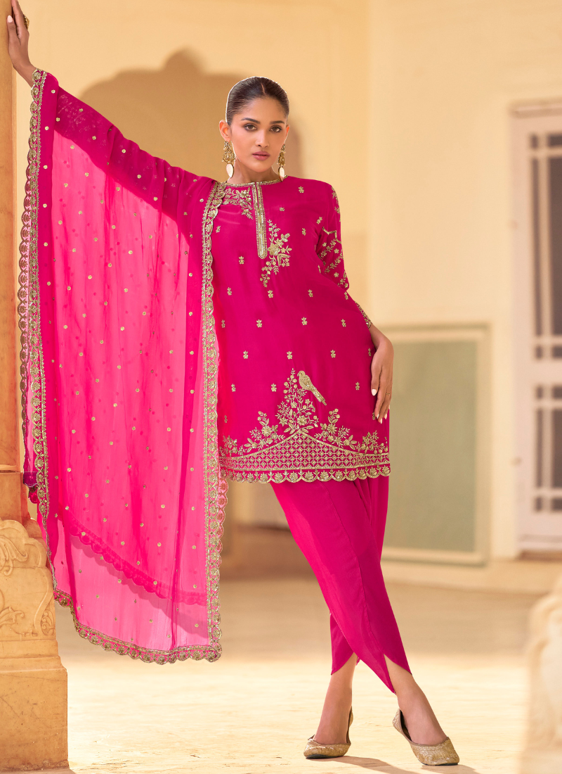 Buy Hot Pink Premium Soft Crepe Silk Dhoti Suit with Embroidered Organza Dupatta for Pakistani Wedding and Indian Festival