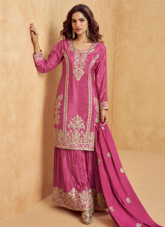 Pink Chinnon Silk Long Sleeves Embroidered Sharara Suit With Dupatta