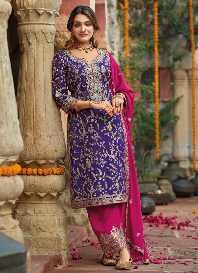 Buy Purple Chinnon Embroidered Salwar Kameez with Dupatta – Perfect for Indian and Pakistani Weddings