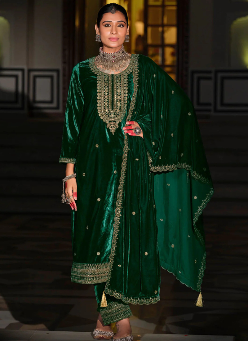Shop Online Green Velvet Pakistani Suit with Dupatta at Bindyaa