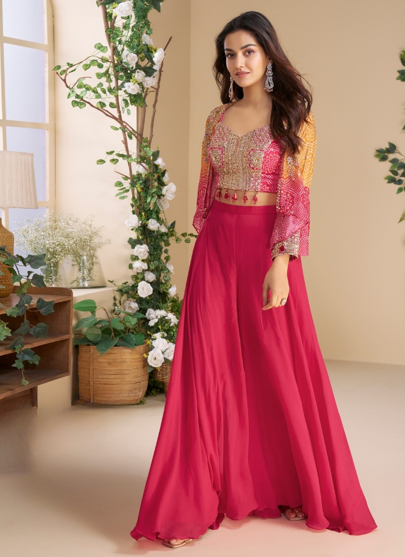 Rani Pink Real Chinon Silk Indo-Western Plazzo Set with Organza Shrug for Indian and Pakistani Wedding