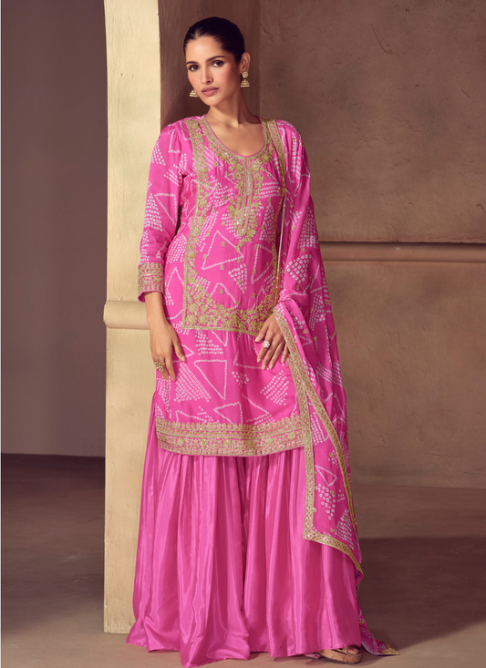 Pink Chinon Sharara Suit with Dupatta for Indian Wedding and Pakistani Festival
