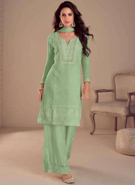 Mint Green Georgette Embroidered Long Sleeves Sharara Suit with Dupatta