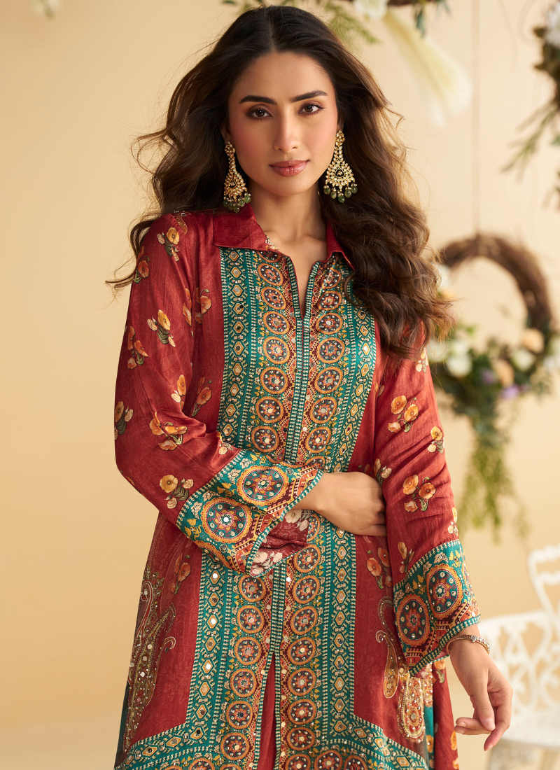 Maroon & Teal Green Crape Silk Printed Palazzo Set for Indian Wedding and Pakistani Festival
