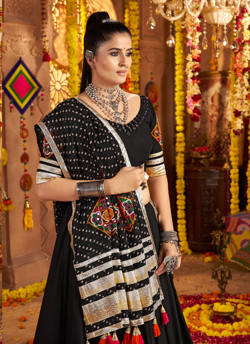 Black Chaniya Choli With Dupatta For Navratri Festival – Mirror, Thread, Embroidery Work – Garba Special 2025 Collection