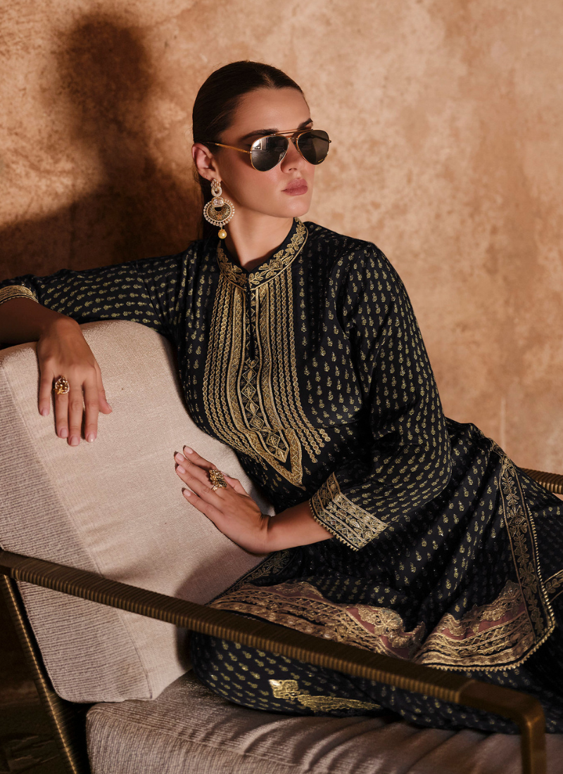 Shop Designer Black Crepe Silk Embroidered Sharara Suit with Dupatta for Pakistani Weddings and Indian Festivals