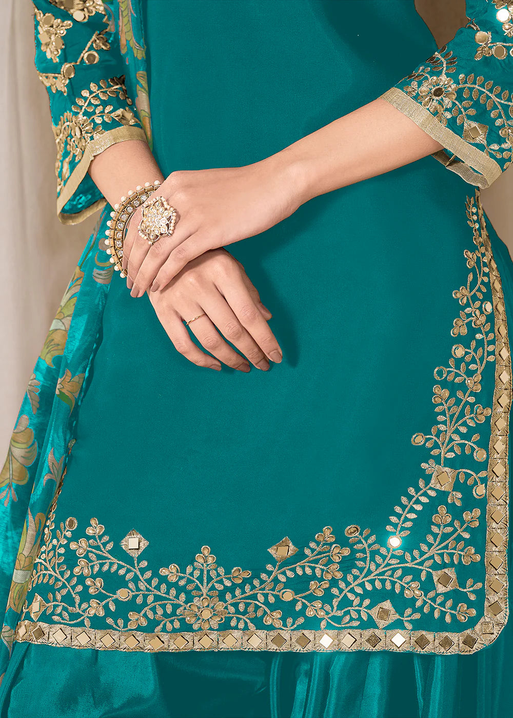 Teal Roman Silk Punjabi Salwar Suit with Mirror & Embroidery Work and Chanderi Dupatta – Indian Pakistani Wedding & Festival Wear for Women and Girls