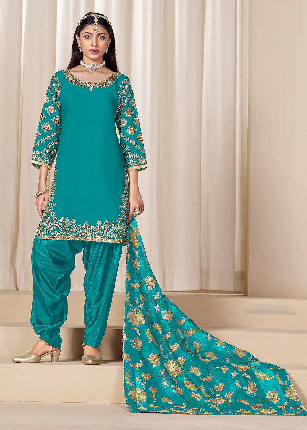 Teal Roman Silk Punjabi Salwar Suit with Mirror & Embroidery Work and Chanderi Dupatta – Indian Pakistani Wedding & Festival Wear for Women and Girls