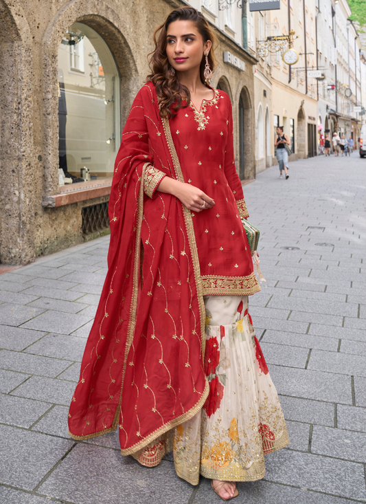 Designer Red Chinon Palazzo Suit With Dupatta for Punjabi Wedding