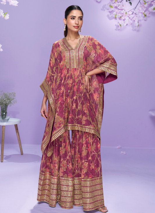 Designer Reddish Georgette Kaftan Sharara Suit For Indian Wedding and Pakistani Festival