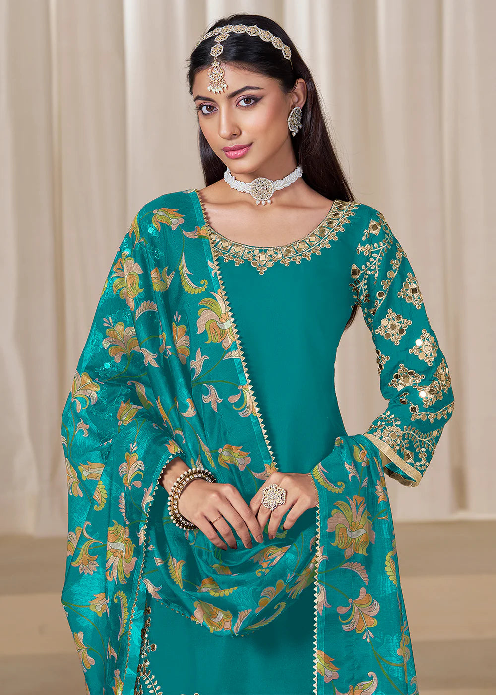 Teal Roman Silk Punjabi Salwar Suit with Mirror & Embroidery Work and Chanderi Dupatta – Indian Pakistani Wedding & Festival Wear for Women and Girls