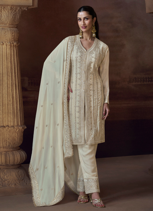Ivory Chinon Silk Long Sleeve Embroidered Salwar Suit with Dupatta for Indian Wedding and Pakistani Festival