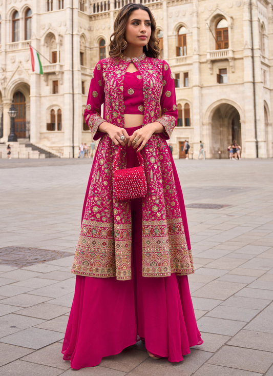 Designer Magenta Pink Indo-Western Georgette Jacket Style Shrug with Palazzo