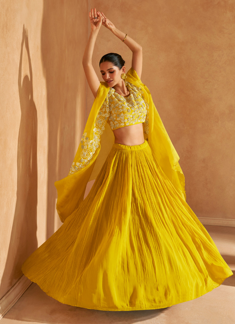Yellow Embroidered Lehenga Set with Cape Dupatta for Pakistani Festival and Indian Wedding