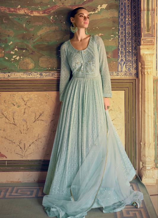 Light Blue Chikankari Gown with Dupatta for Indian Festivals and Pakistani Weddings