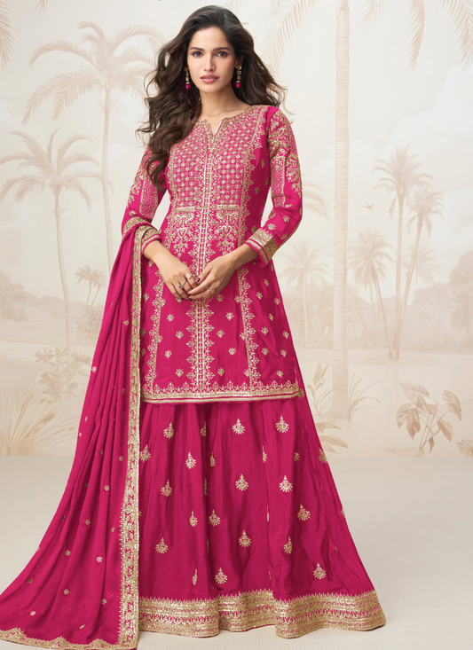 Rani Pink Chinon Silk Embroidered Sharara Suit for Indian and Pakistani Wedding & Festival