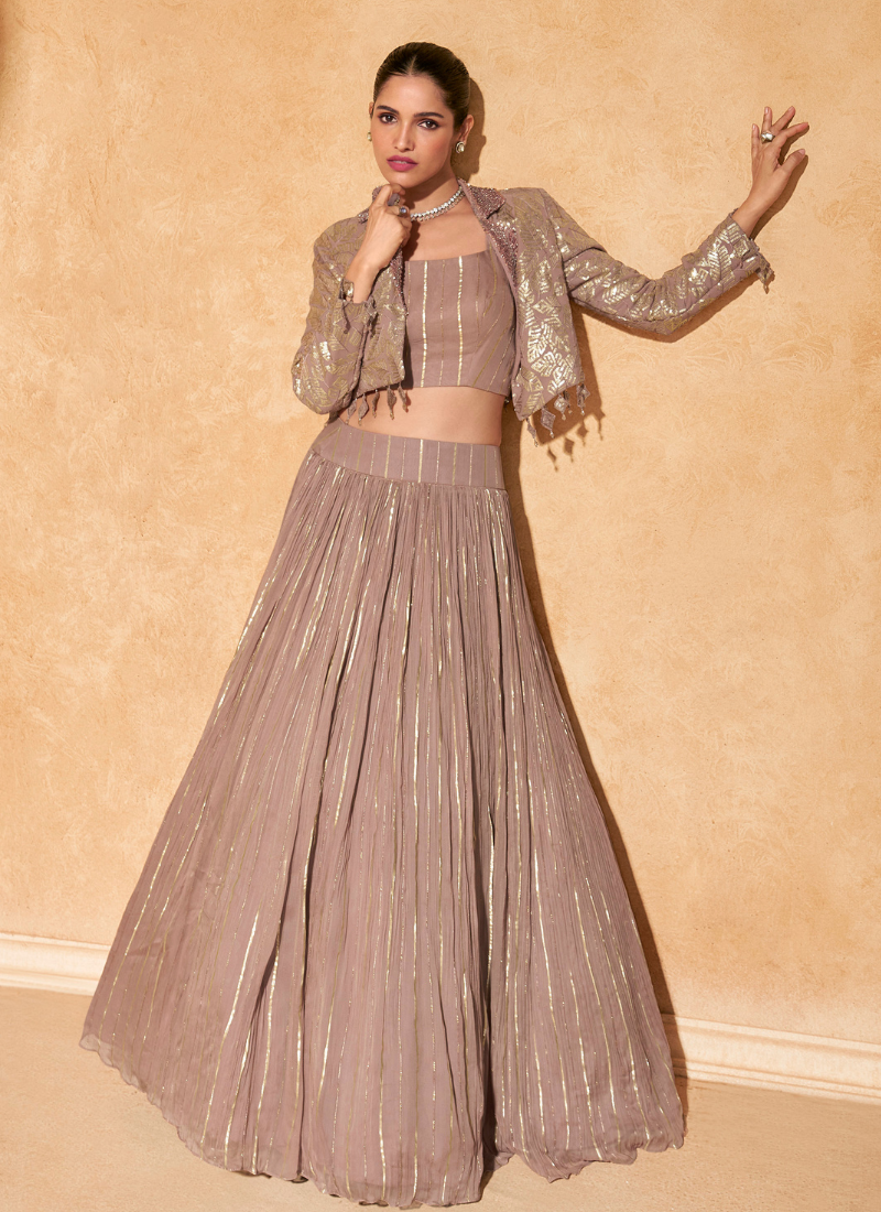 Rose Gold Chinon Silk Embroidered Jacket Style Lehenga Choli
