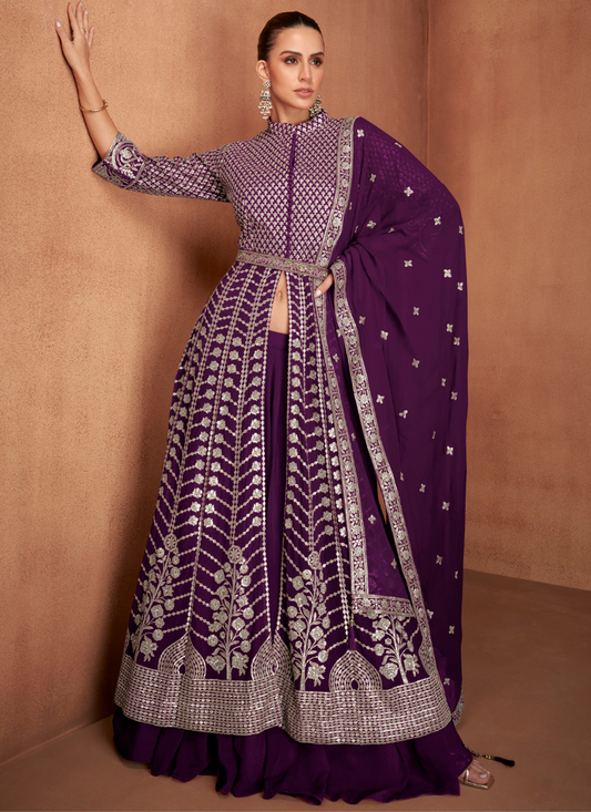 Purple Georgette embroidered Long Sleeve Anarkali Gown with Dupatta for Indian Weddings and Pakistani Festivals