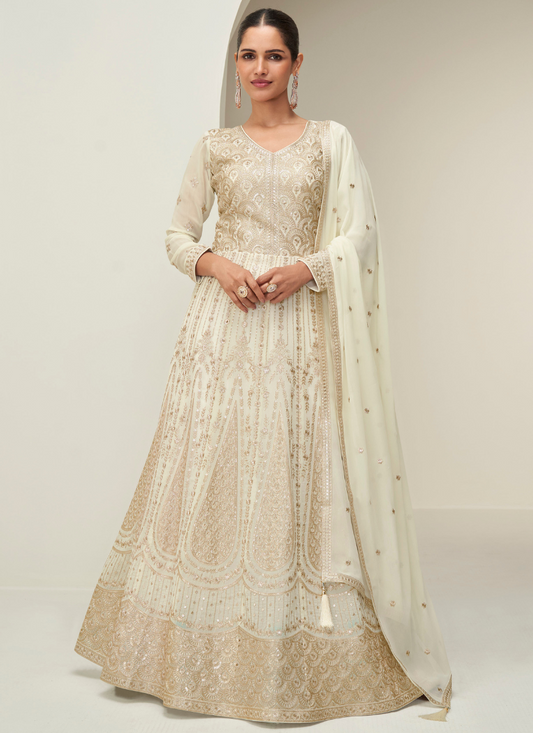 Cream Beige Embroidered Anarkali Gown in Georgette For Pakistani Wedding and Indian Festival