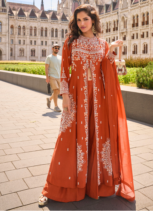 Rust Orange Organza Silk Slit Kurta With Palazzo Set for Indian Wedding and Pakistani Festival