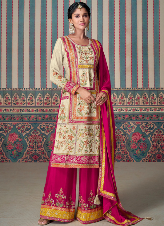 Shop Online Cream and Pink Chinnon Embroidered Kameez with Palazzo and Dupatta