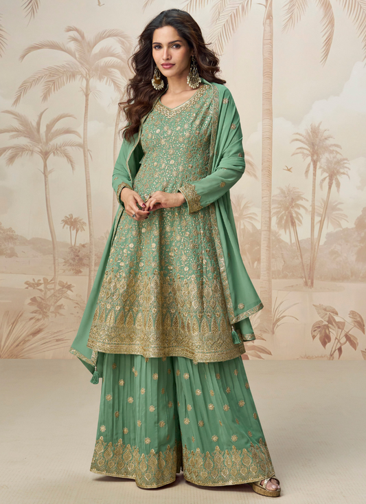 Designer Green Georgette Long Sleeves Sharara Suit with Dupatta for Indian Wedding and Pkaistani Festivals