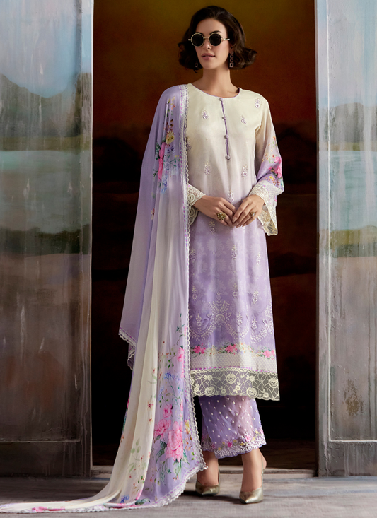 Lavender Muslin Pakistani Suit for Bridesmaids & Eid Wear – Embroidery with Printed Dupatta