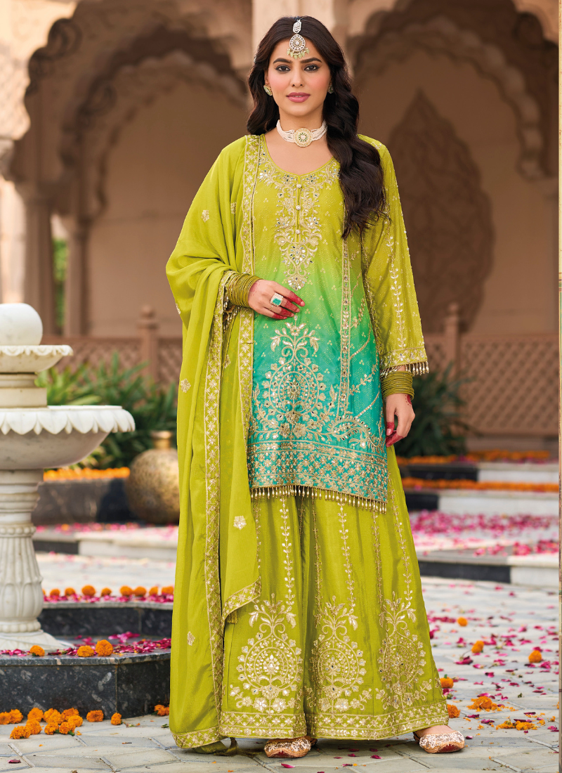 Buy Lime Green Chinnon Embroidered Salwar Kameez with Palazzo and Dupatta for Pakistani Weddings and Indian Festivals
