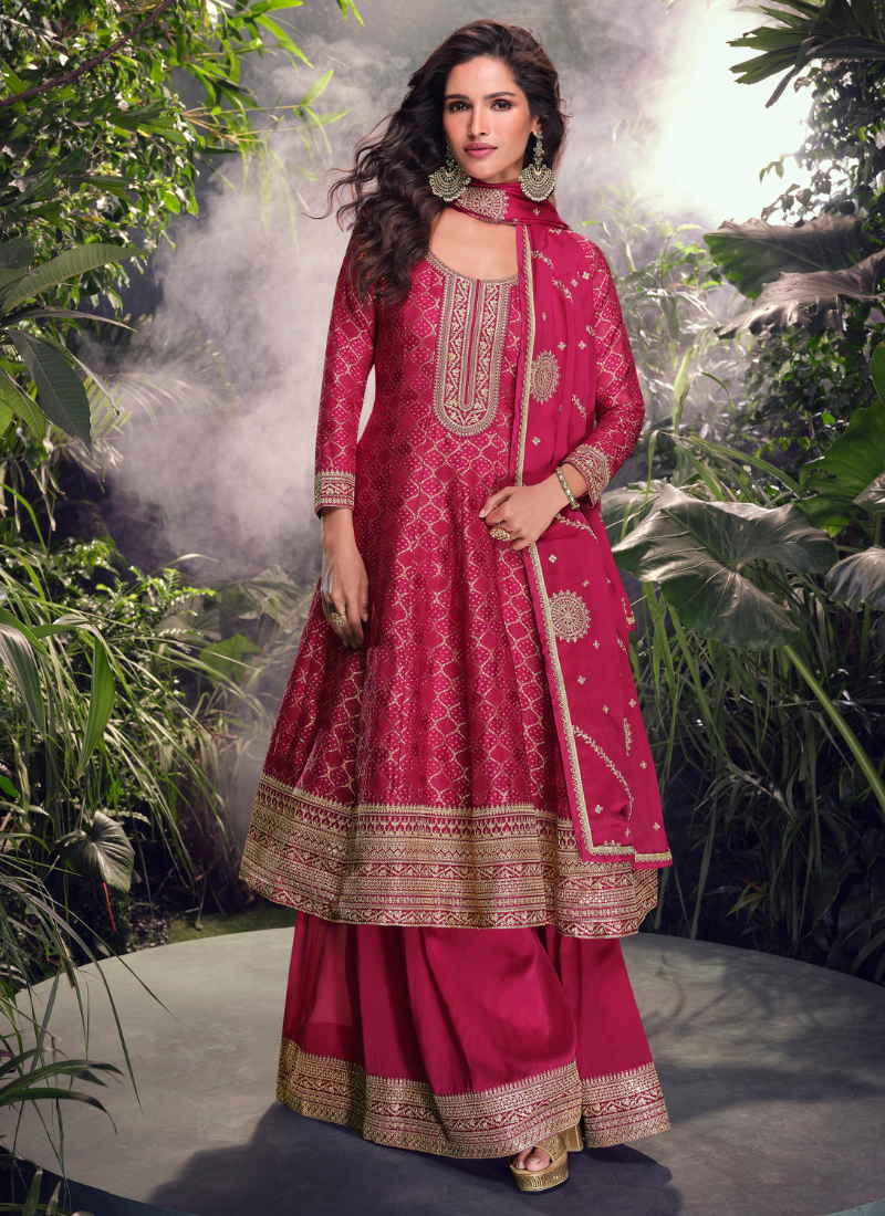 Buy Designer Magenta Pink Pure Viscose Jacquard Silk Embroidery Sharara Suit with Dupatta for Indian Festivals and Pakistani Weddings