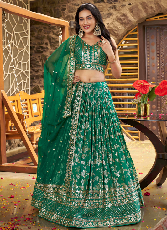 Rama Green Dola Silk Lehenga Choli – Designer Party Wear for Diwali and Wedding Bridesmaids