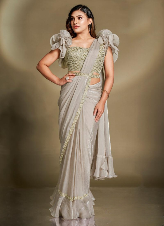Party Wear Pre Stitched Grey Satin Silk Saree With Designer Blouse