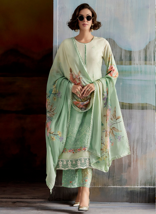 Sage Green Masleen Embroidered Suit with Printed Dupatta – Pakistani Festival & Party Wear