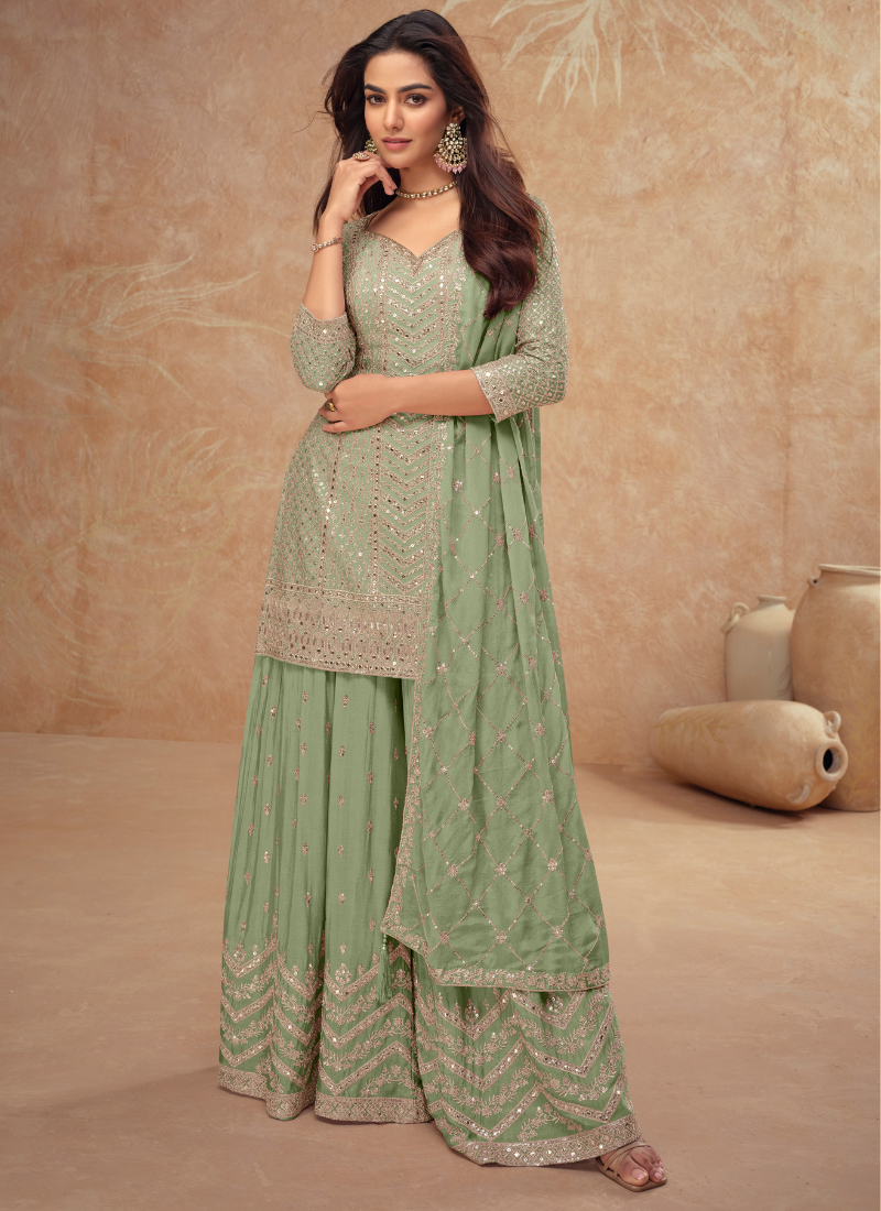 Buy Designer Sage Green Chinnon Sharara Suit with Dupatta for Pakistani Weddings and Indian Festivals – Embroidery Work