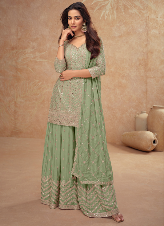 Buy Designer Sage Green Chinnon Sharara Suit with Dupatta for Pakistani Weddings and Indian Festivals – Embroidery Work